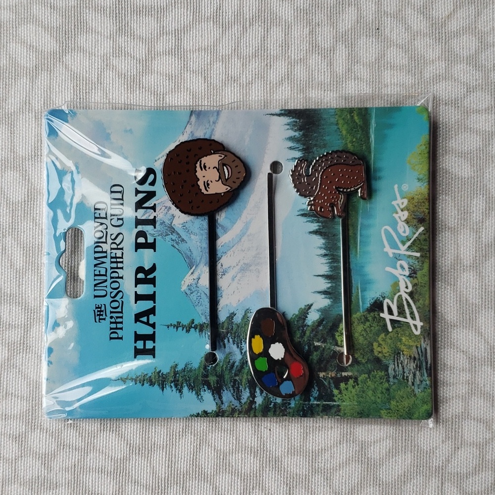 Bob Ross Hair Pins with Palette and Squirrel - New